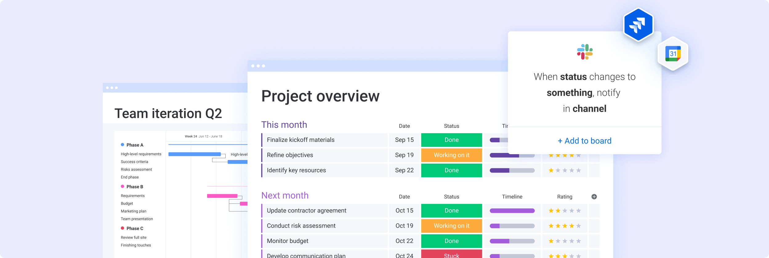 Project requests & approvals board, team iteration gantt and a project approval process form